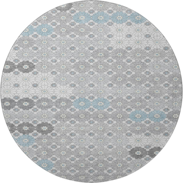 HomeRoots 8' Stylish Silver Gray and Blue Geometric Washable Round Rug with UV Protection for Homes & Kids 696881