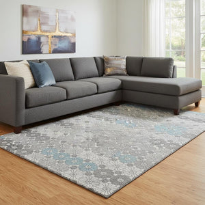 HomeRoots 8' X 10' Stylish Silver Gray & Blue Geometric Washable Area Rug with UV Protection for High Traffic 696882