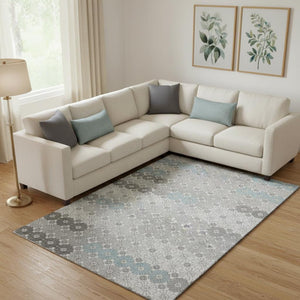 HomeRoots 10' Modern Silver Gray and Blue Geometric Washable Area Rug - UV Protected, Stain-Resistant Design! 696884