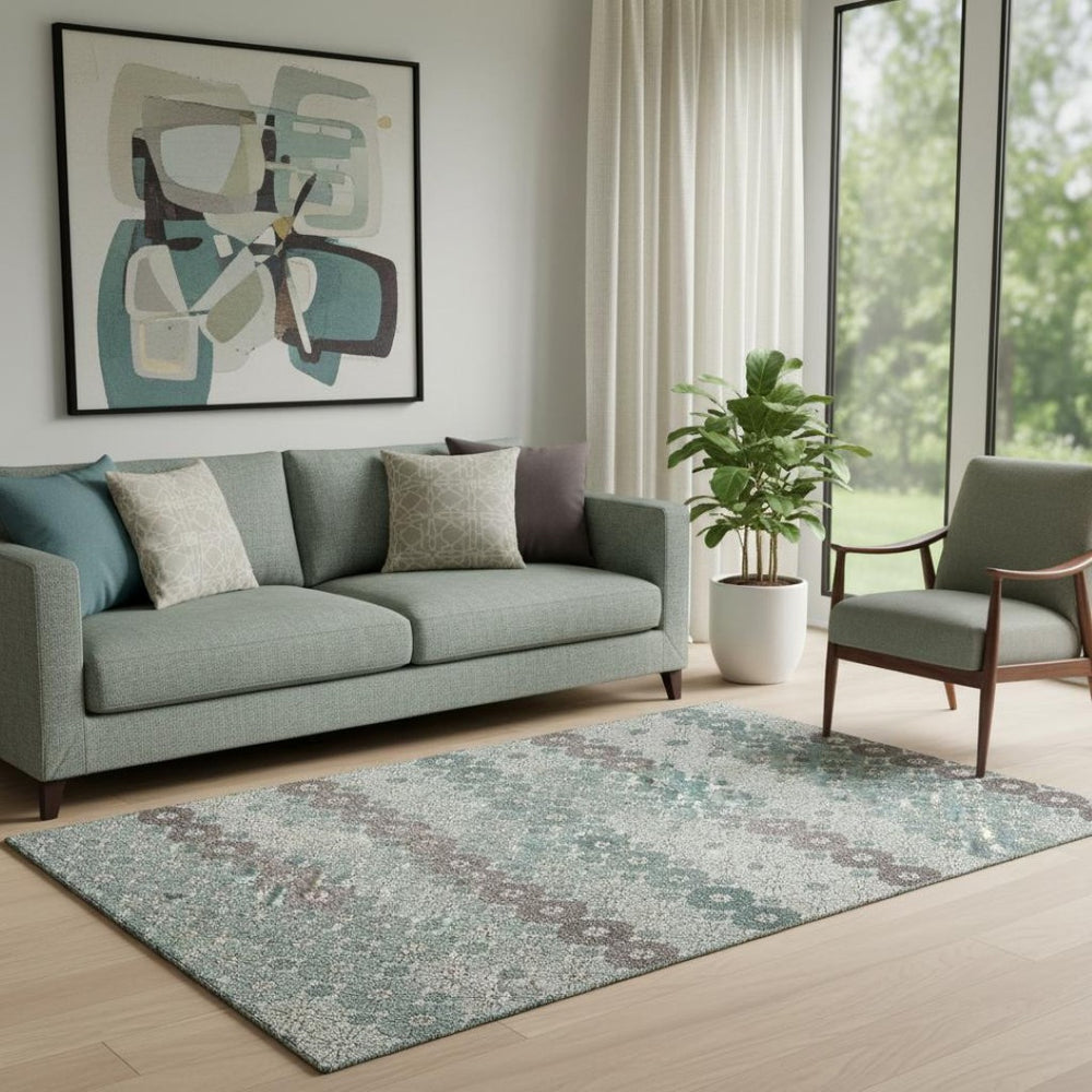 HomeRoots 5' X 8' Teal Gray Silver Geometric Area Rug - Washable, UV Protected, Durable for Modern Spaces 696886