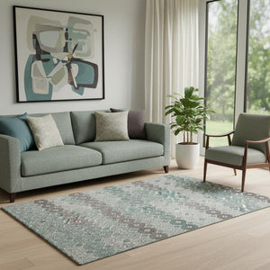 HomeRoots 5' X 8' Teal Gray Silver Geometric Area Rug - Washable, UV Protected, Durable for Modern Spaces 696886