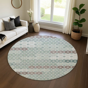 HomeRoots 8' Teal Gray & Silver Geometric Washable Round Rug - Durable, UV Protected & Stylish for Any Room 696887