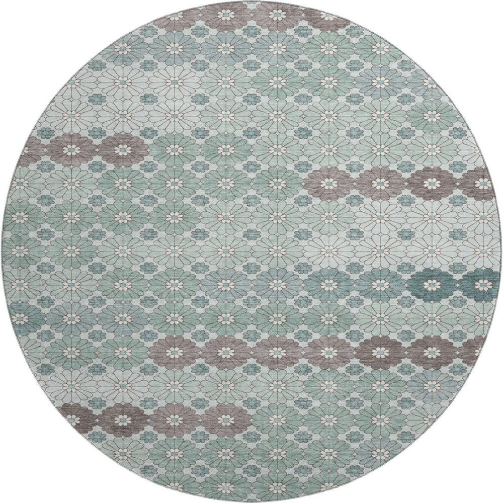 HomeRoots 8' Teal Gray & Silver Geometric Washable Round Rug - Durable, UV Protected & Stylish for Any Room 696887