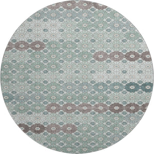 HomeRoots 8' Teal Gray & Silver Geometric Washable Round Rug - Durable, UV Protected & Stylish for Any Room 696887