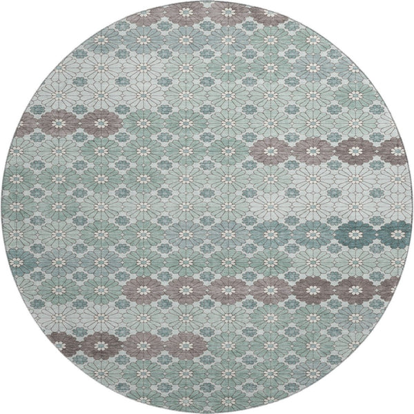 HomeRoots 8' Teal Gray & Silver Geometric Washable Round Rug - Durable, UV Protected & Stylish for Any Room 696887