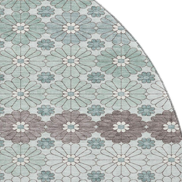 HomeRoots 8' Teal Gray & Silver Geometric Washable Round Rug - Durable, UV Protected & Stylish for Any Room 696887