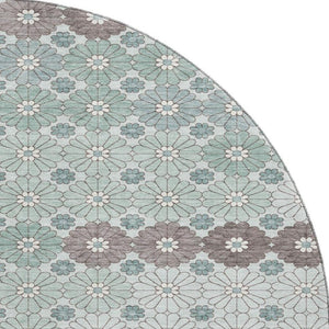 HomeRoots 8' Teal Gray & Silver Geometric Washable Round Rug - Durable, UV Protected & Stylish for Any Room 696887