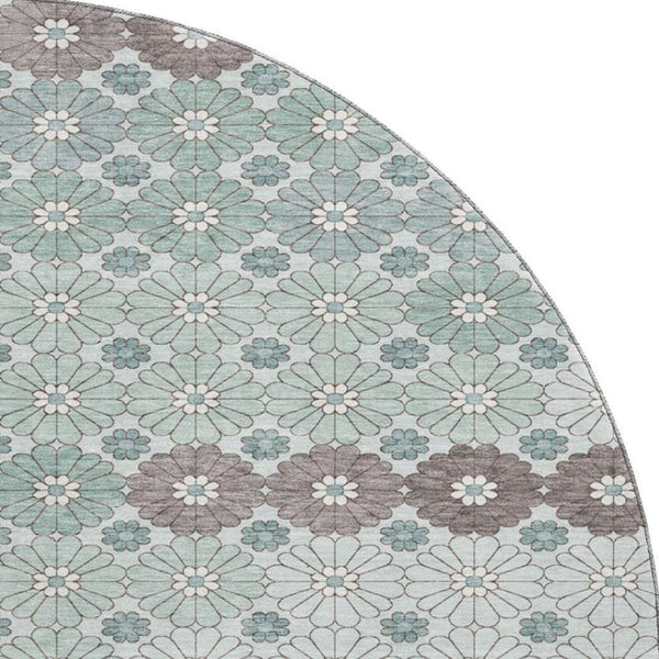 HomeRoots 8' Teal Gray & Silver Geometric Washable Round Rug - Durable, UV Protected & Stylish for Any Room 696887