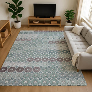 HomeRoots 8' X 10' Stylish Teal Gray and Silver Geometric Area Rug - Washable, Stain Resistant & UV Protected! 696888