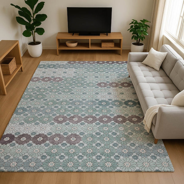HomeRoots 8' X 10' Stylish Teal Gray and Silver Geometric Area Rug - Washable, Stain Resistant & UV Protected! 696888