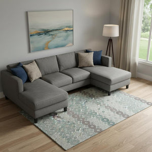 HomeRoots 10' X 14' Teal Gray Silver Geometric Area Rug - Washable, UV Resistant, Non-Slip for Modern Spaces 696890