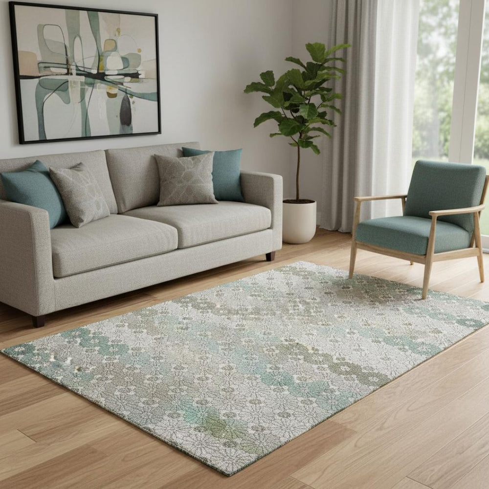 HomeRoots 5' Geometric Washable Area Rug in Taupe Beige & Teal - Durable, UV-Protected & Stain-Resistant Design 696892
