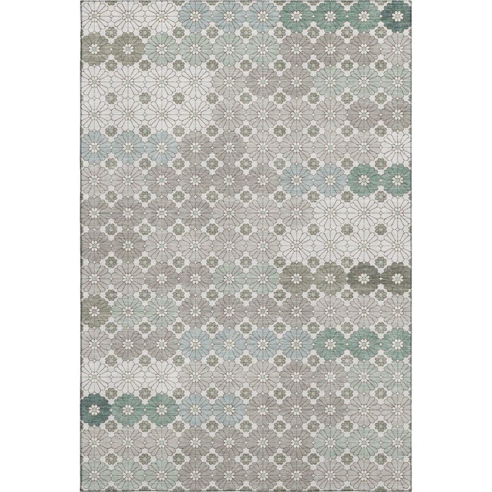 HomeRoots 5' Geometric Washable Area Rug in Taupe Beige & Teal - Durable, UV-Protected & Stain-Resistant Design 696892
