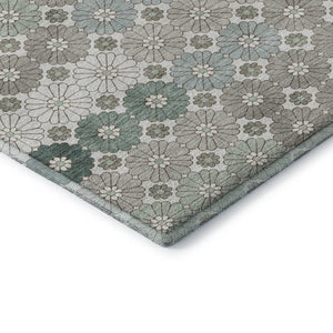 HomeRoots 5' Geometric Washable Area Rug in Taupe Beige & Teal - Durable, UV-Protected & Stain-Resistant Design 696892