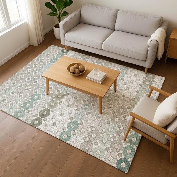 HomeRoots 5' Geometric Washable Area Rug in Taupe Beige & Teal - Durable, UV-Protected & Stain-Resistant Design 696892
