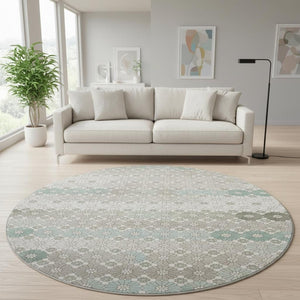 HomeRoots 8' Stylish Taupe Beige and Teal Geometric Round Rug – Washable, UV-Protected for Busy Homes! 696893