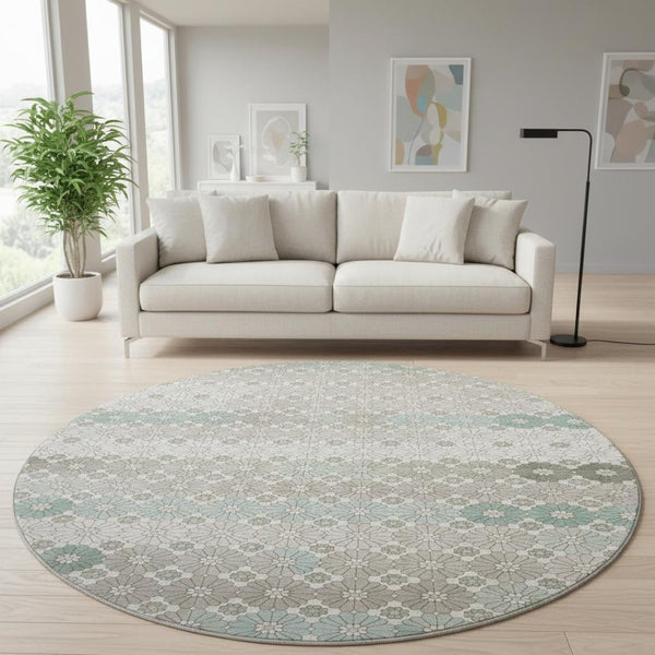 HomeRoots 8' Stylish Taupe Beige and Teal Geometric Round Rug – Washable, UV-Protected for Busy Homes! 696893