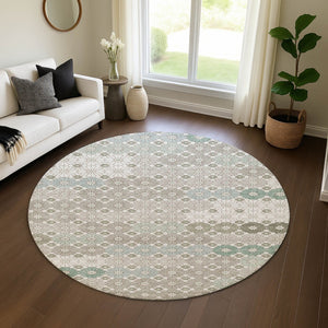 HomeRoots 8' Stylish Taupe Beige and Teal Geometric Round Rug – Washable, UV-Protected for Busy Homes! 696893