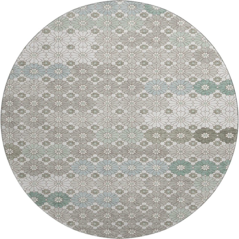 HomeRoots 8' Stylish Taupe Beige and Teal Geometric Round Rug – Washable, UV-Protected for Busy Homes! 696893
