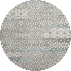 HomeRoots 8' Stylish Taupe Beige and Teal Geometric Round Rug – Washable, UV-Protected for Busy Homes! 696893
