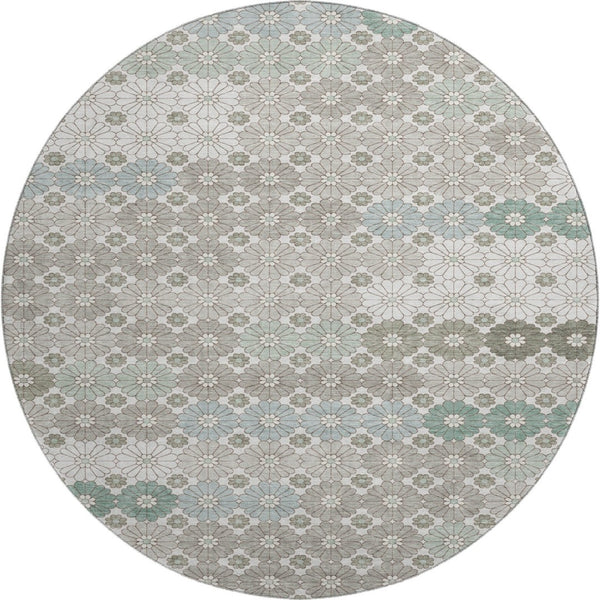 HomeRoots 8' Stylish Taupe Beige and Teal Geometric Round Rug – Washable, UV-Protected for Busy Homes! 696893