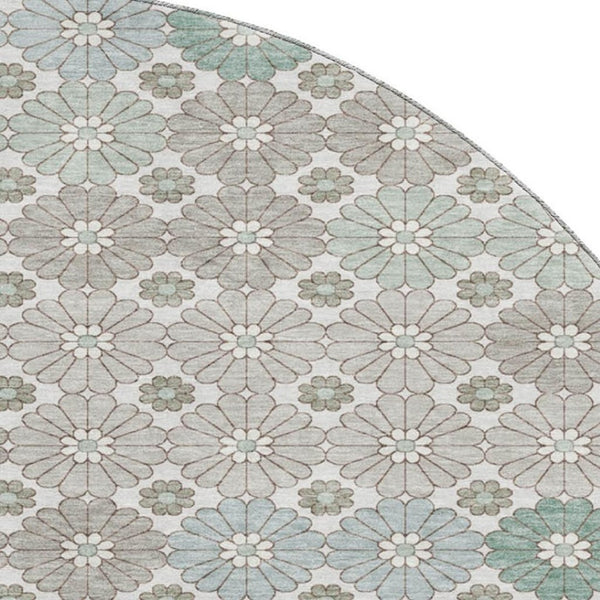 HomeRoots 8' Stylish Taupe Beige and Teal Geometric Round Rug – Washable, UV-Protected for Busy Homes! 696893