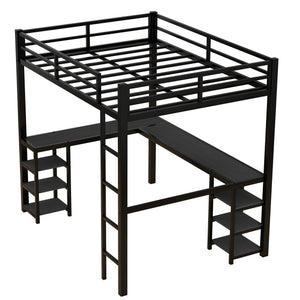 English Elm Full Metal Loft Bed With Desk & Shelves - Space-Saving Design, Safety Guardrails, Modern Black Frame W1580S00049