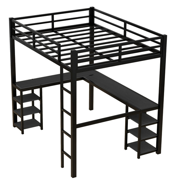 English Elm Full Metal Loft Bed With Desk & Shelves - Space-Saving Design, Safety Guardrails, Modern Black Frame W1580S00049