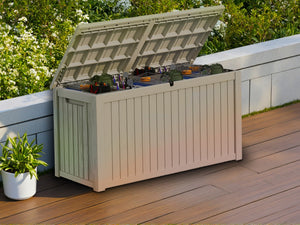 HomeRoots 61" Light Brown Water-Resistant Deck Box for Outdoor Storage, Seating & Stylish Patio Decor 696928