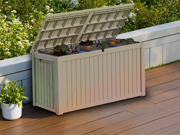 HomeRoots 61" Light Brown Water-Resistant Deck Box for Outdoor Storage, Seating & Stylish Patio Decor 696928