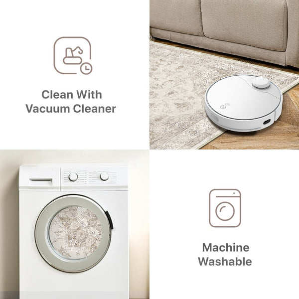 HomeRoots 6' Ivory and Brown Floral Medallion Area Rug - Washable, Durable, and Perfect for Busy Households 6' X 9' 696938