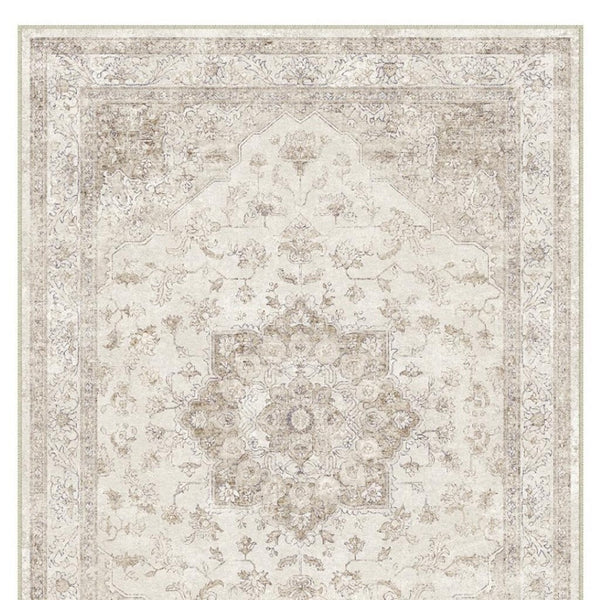 HomeRoots 6' Ivory and Brown Floral Medallion Area Rug - Washable, Durable, and Perfect for Busy Households 6' X 9' 696938