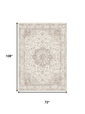 HomeRoots 6' Ivory and Brown Floral Medallion Area Rug - Washable, Durable, and Perfect for Busy Households 6' X 9' 696938