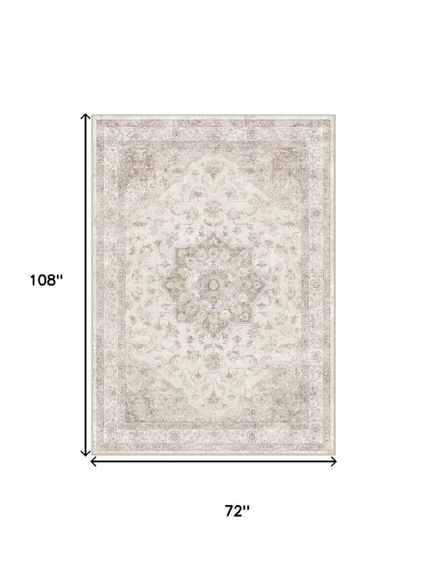 HomeRoots 6' Ivory and Brown Floral Medallion Area Rug - Washable, Durable, and Perfect for Busy Households 6' X 9' 696938