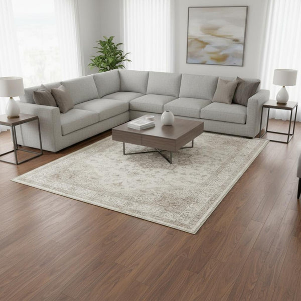 HomeRoots 6' Ivory and Brown Floral Medallion Area Rug - Washable, Durable, and Perfect for Busy Households 6' X 9' 696938