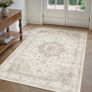 HomeRoots 6' Ivory and Brown Floral Medallion Area Rug - Washable, Durable, and Perfect for Busy Households 6' X 9' 696938