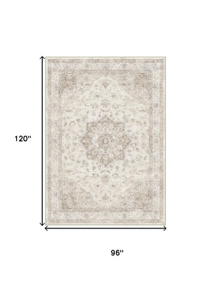 HomeRoots 8' Ivory and Brown Floral Medallion Area Rug - Durable, Washable Design for Timeless Elegance in Any Room 8' X 10' 696939