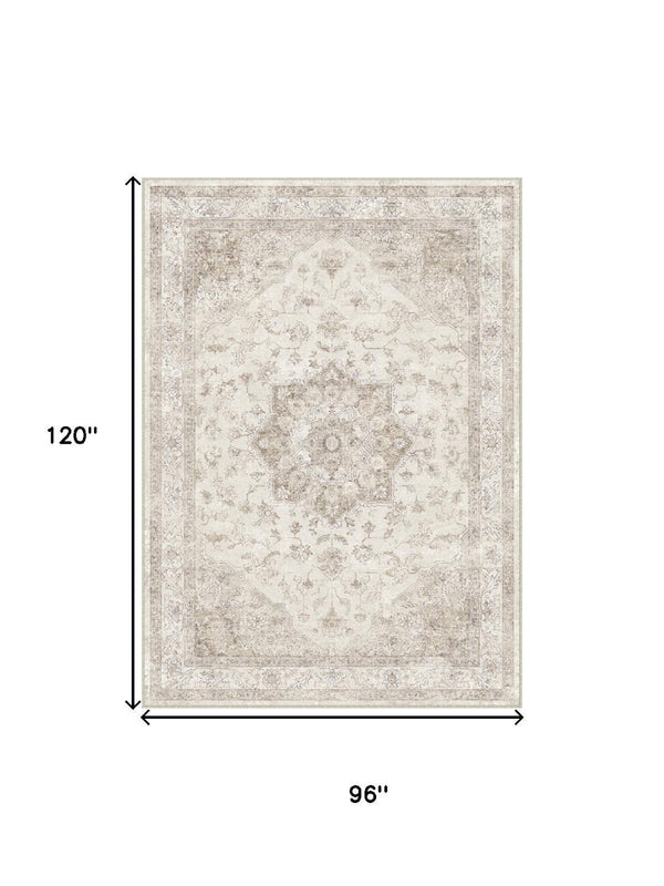 HomeRoots 8' Ivory and Brown Floral Medallion Area Rug - Durable, Washable Design for Timeless Elegance in Any Room 8' X 10' 696939