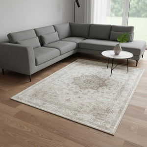 HomeRoots 8' Ivory and Brown Floral Medallion Area Rug - Durable, Washable Design for Timeless Elegance in Any Room 8' X 10' 696939