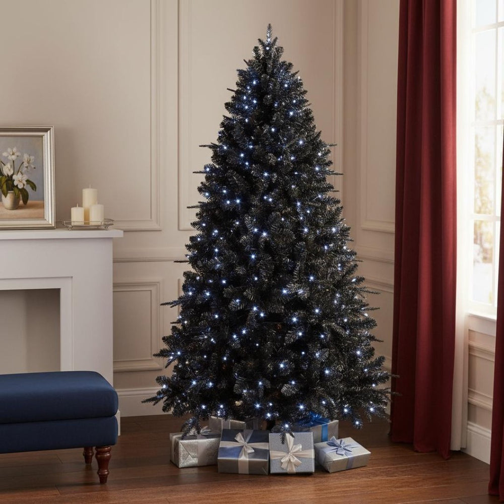 HomeRoots 6' Black Pre Lit Full Spruce Christmas Tree - Elegant Design, 350 Warm LEDs, Easy Setup & Durable Quality! 696947