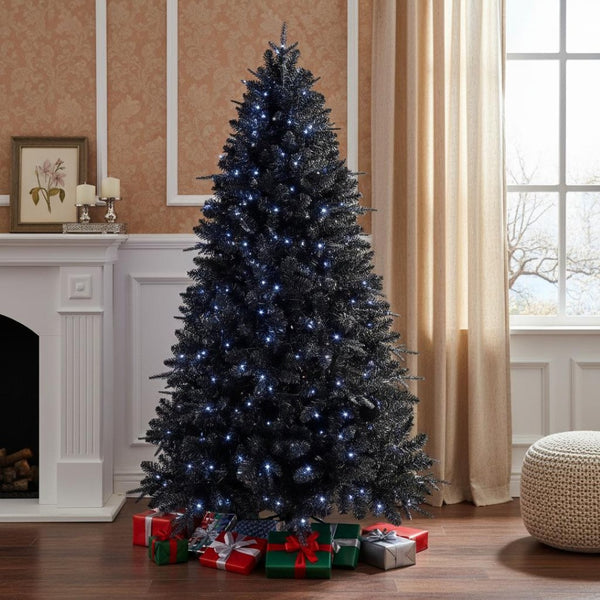 HomeRoots 7' Black Pre-Lit Full Spruce Christmas Tree - Bold Holiday Décor with 450 Warm LEDs & Easy Setup 84 696948