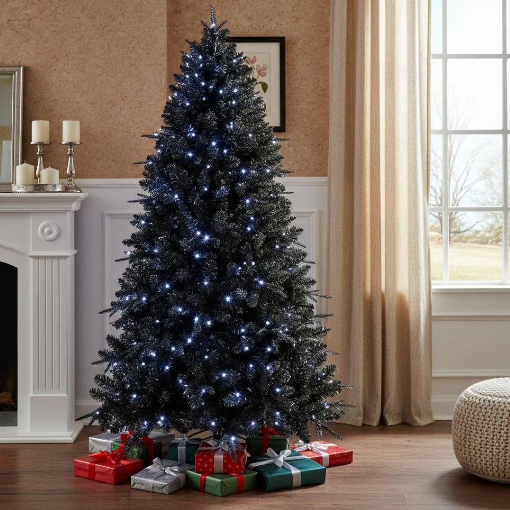 HomeRoots 7.5' Black Pre-Lit Full Spruce Christmas Tree - Modern Holiday Centerpiece with 500 Warm LED Lights 696949