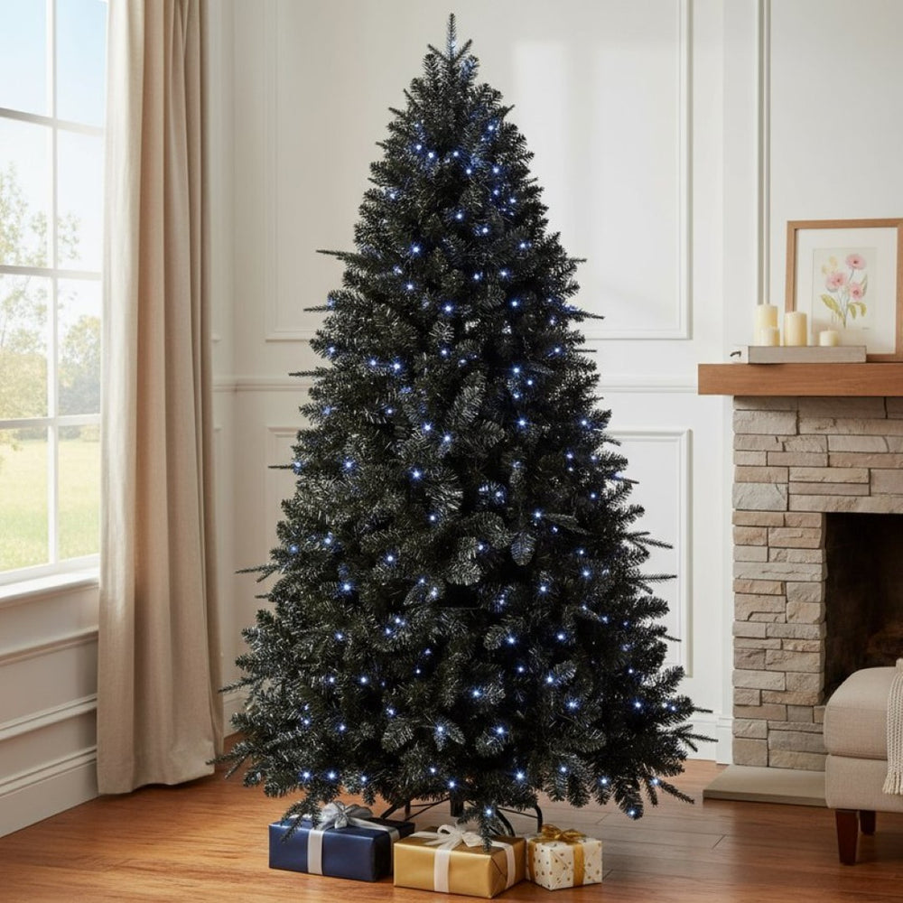 HomeRoots 9' Black Pre-Lit Spruce Christmas Tree - Modern, Full Design with 750 LED Lights for Stunning Holiday Decor 696951