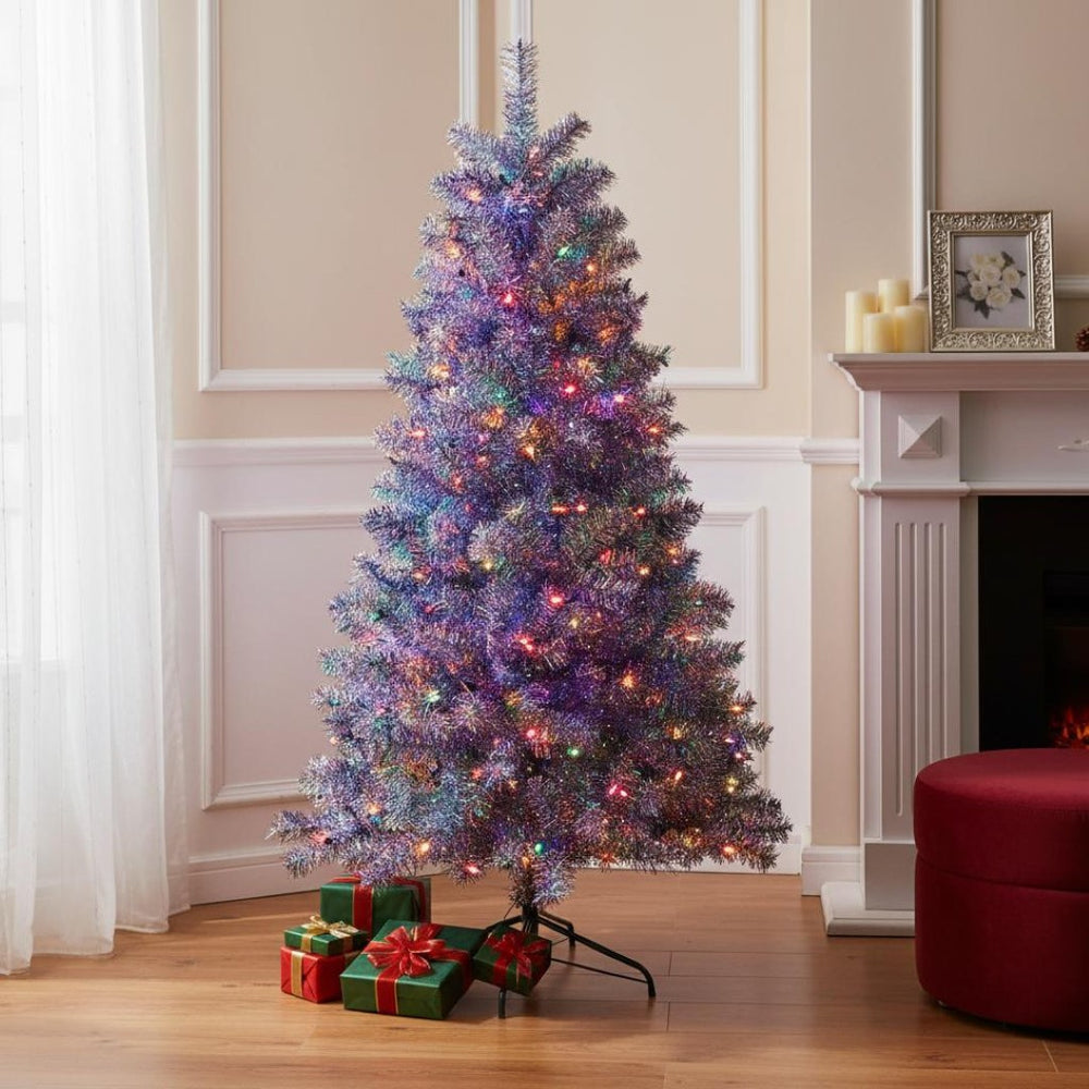 HomeRoots 6' Silver Pre Lit Tinsel Christmas Tree with 300 LED Lights - Glamorous Holiday Décor Centerpiece 72 696953