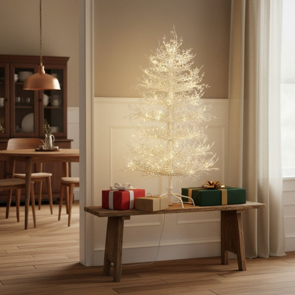 HomeRoots 4' White Pre Lit Sparse Christmas Tree - Modern Holiday Charm with 230 LED Lights for Cozy Ambiance 696956