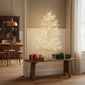 HomeRoots 4' White Pre Lit Sparse Christmas Tree - Modern Holiday Charm with 230 LED Lights for Cozy Ambiance 696956