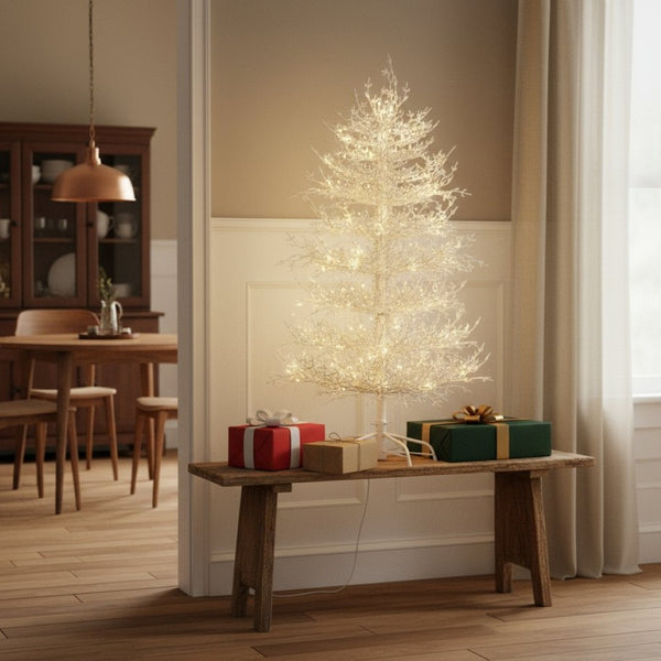 HomeRoots 4' White Pre Lit Sparse Christmas Tree - Modern Holiday Charm with 230 LED Lights for Cozy Ambiance 696956