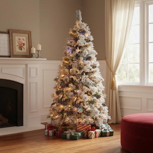 HomeRoots 6' White Pre Lit Frosted Spruce Christmas Tree – Effortless Holiday Elegance with Warm LED Lights 696958
