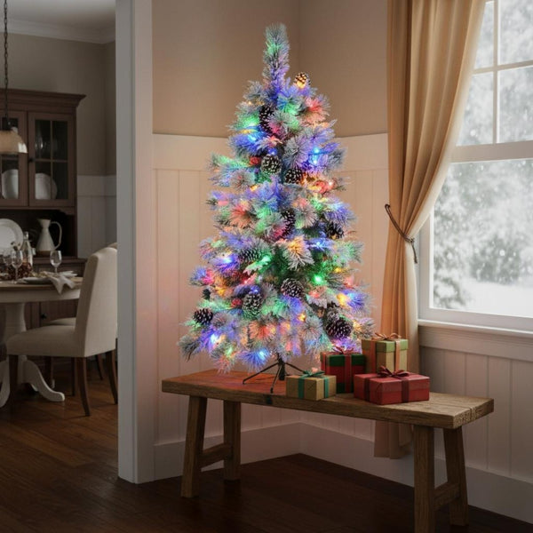 HomeRoots 4' White Pre-Lit Frosted Spruce Christmas Tree with LED Lights & Pinecone Accents for Festive Spaces 696959