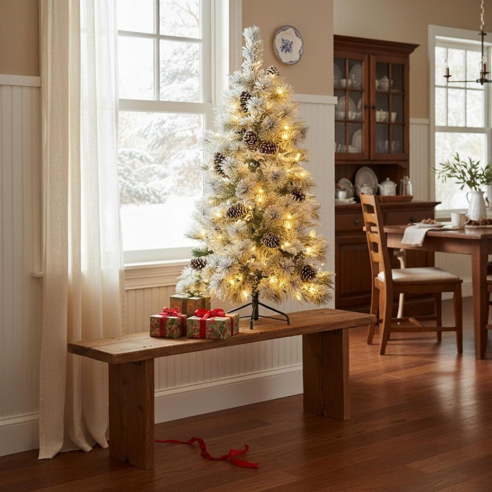 HomeRoots 4' White Pre-Lit Frosted Spruce Christmas Tree with LED Lights & Pinecone Accents for Festive Spaces 696959